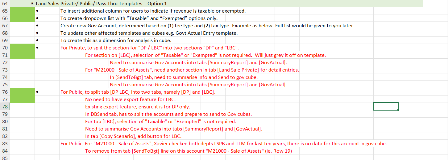 Excerpt of a client annex listing requested template and cube changes