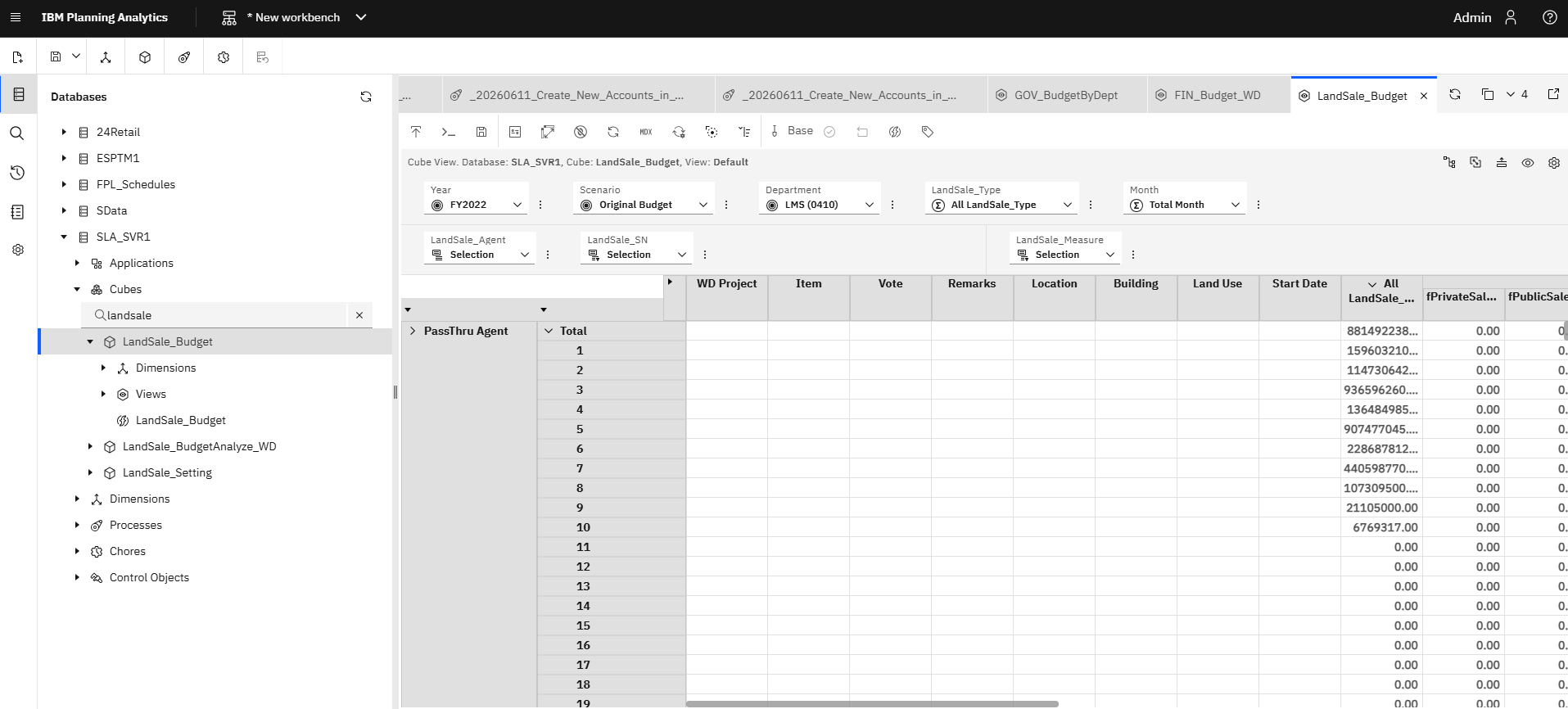 IBM Planning Analytics cube view showing budget data across dimensions