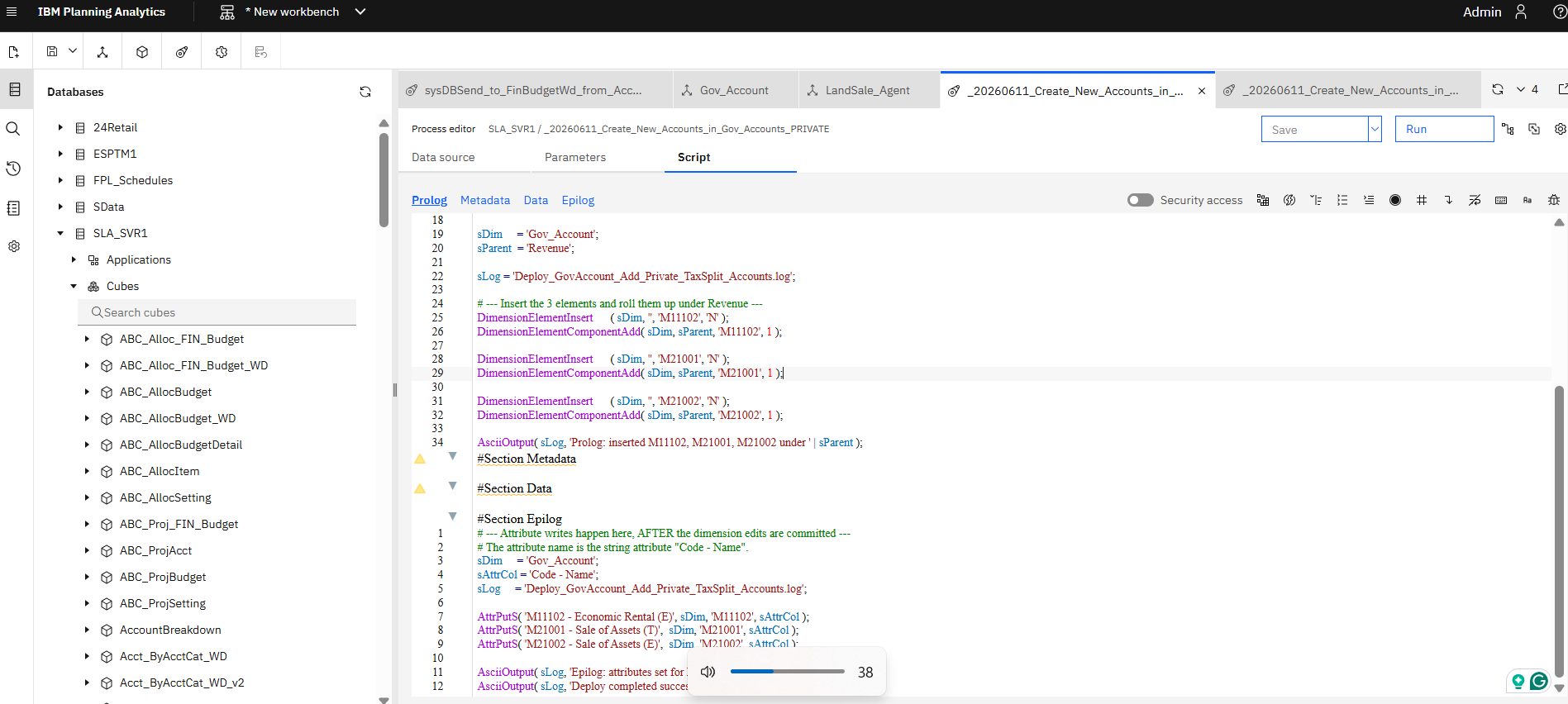 IBM Planning Analytics process editor showing a TurboIntegrator script